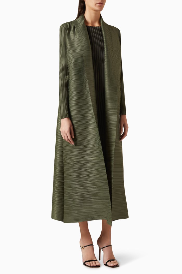 Shawl Collar Open Abaya in Plissé, Green