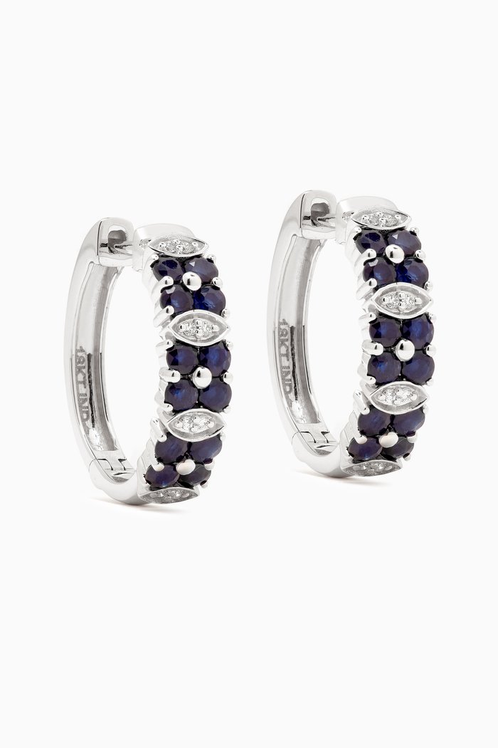 

Floral Sapphire & Diamond Cluster Hoop Earrings in 18kt White Gold, Blue