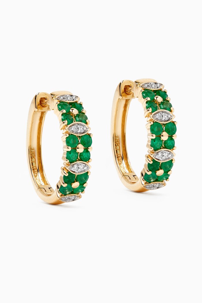 

Floral Emerald & Diamond Cluster Hoop Earrings in 18kt Yellow Gold, Green