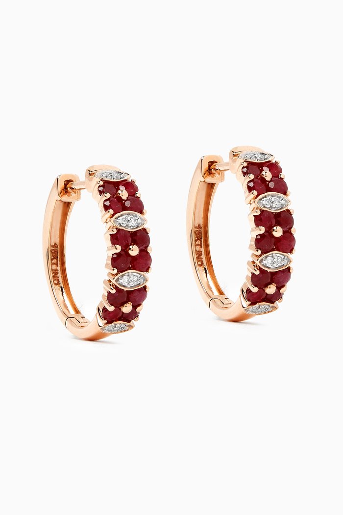

Floral Ruby & Diamond Cluster Hoop Earrings in 18kt Rose Gold, Red