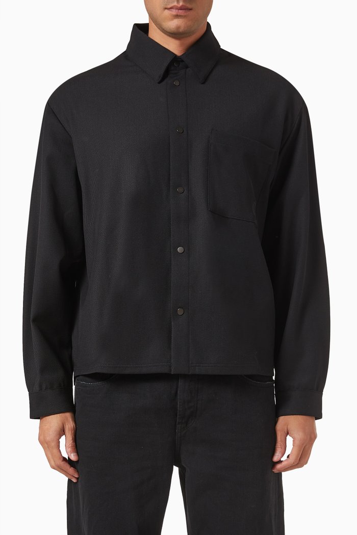 

Initial Cropped Dress Shirt in Virgin Wool Blend, Black