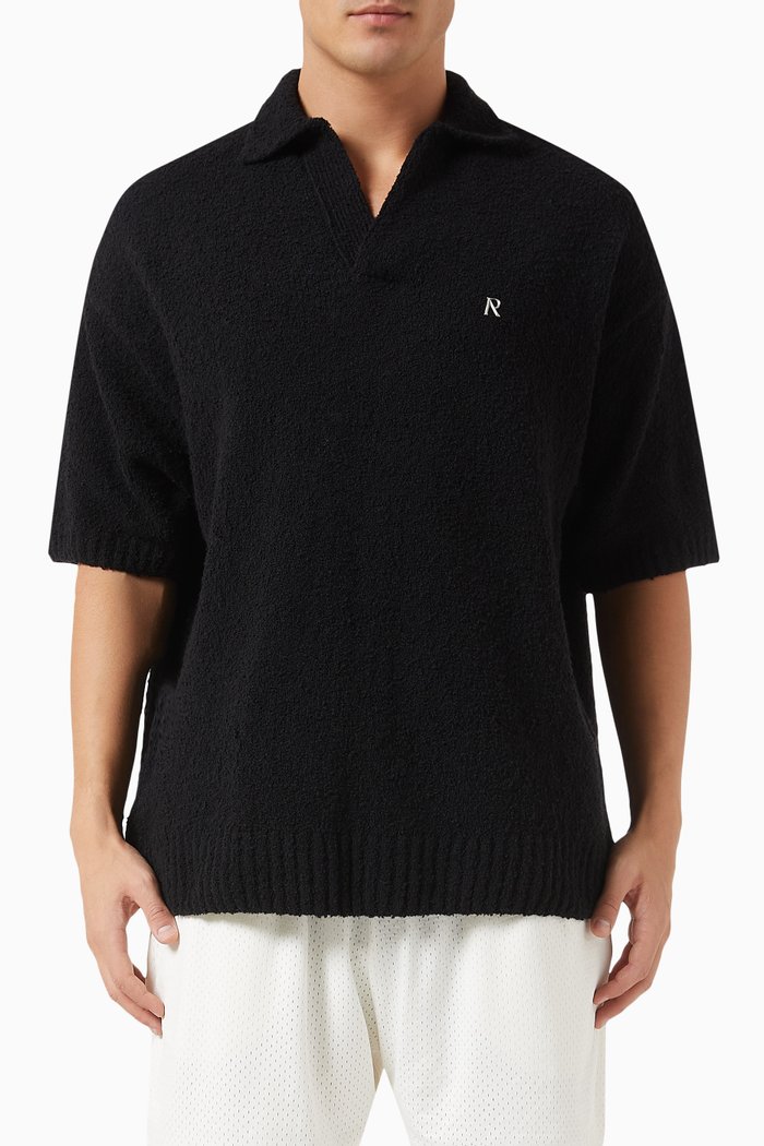 

Textured Polo Shirt in Bouclé-knit, Black