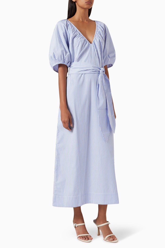 

Alora Belted Midi Dress in Organic Cotton, Blue