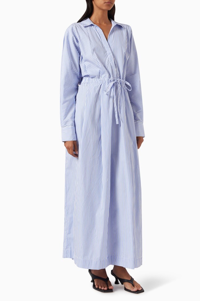 Colleen Drawstring Midi Dress in Organic Cotton, Blue