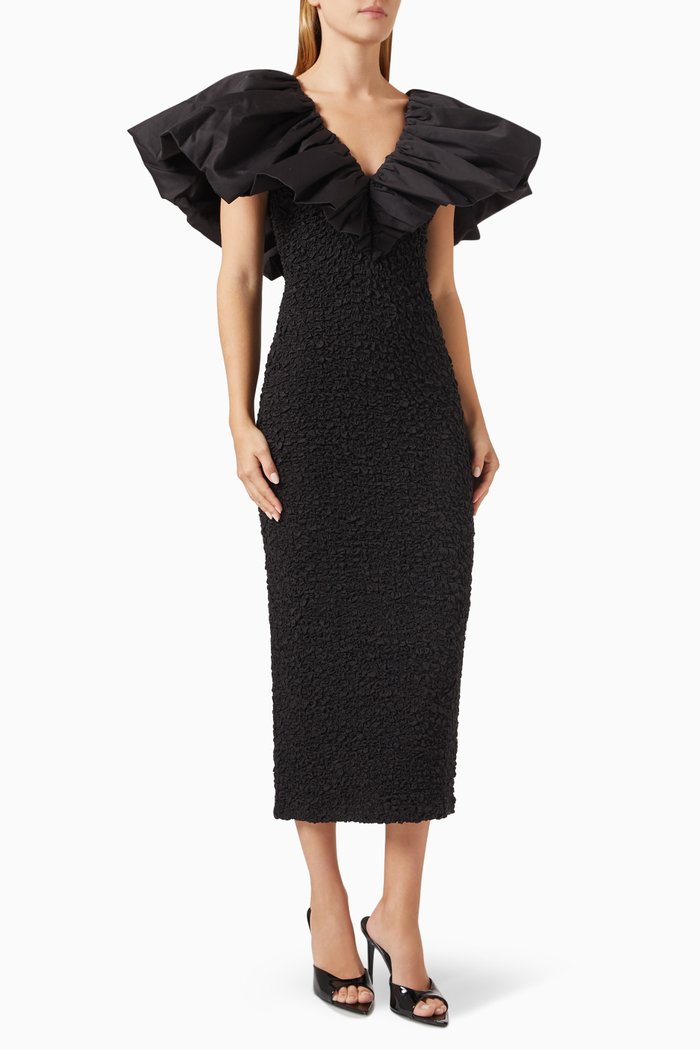 Zia Textured Midi Dress in Organic Cotton, Black
