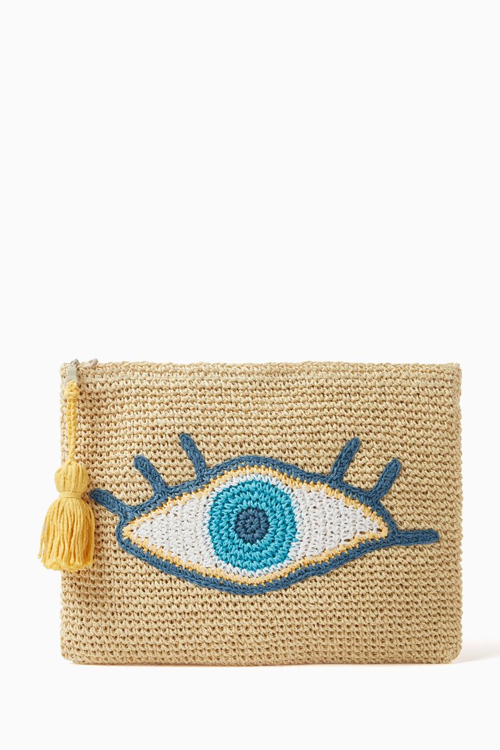 

Evil Eye Clutch Bag in Raffia, Neutral