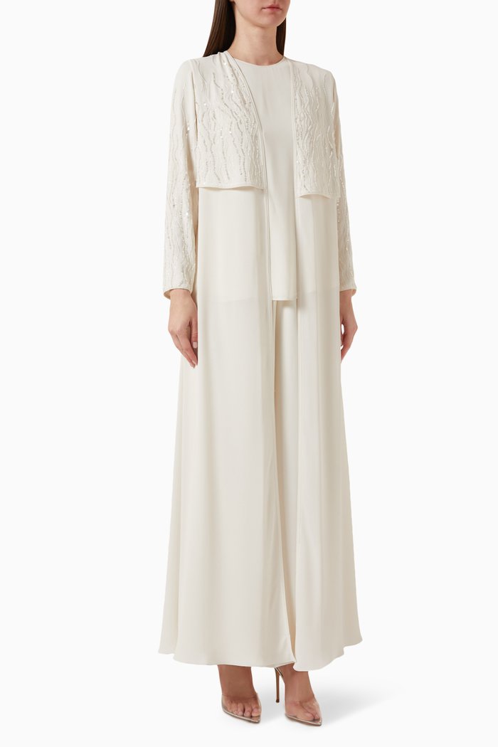 

3-piece Embroidered Abaya Set in Crepe Chiffon, White