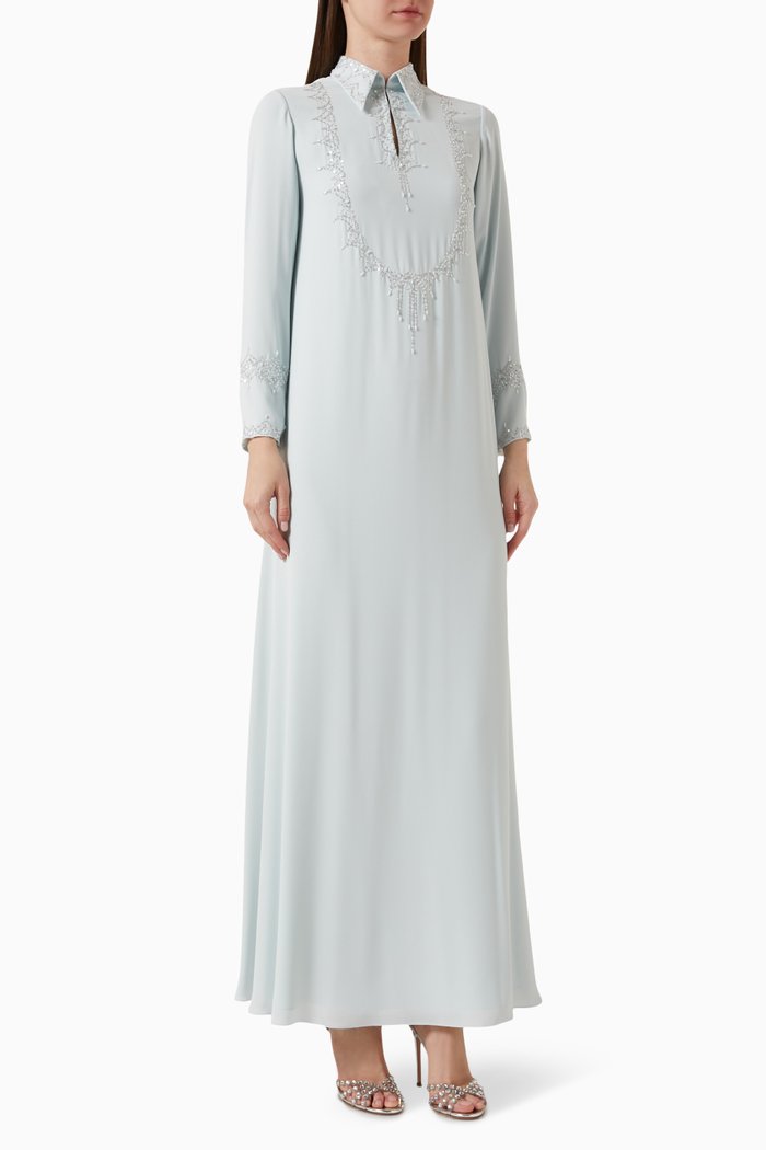 

Full-sleeve Collar Kaftan in Crepe Chiffon, Blue