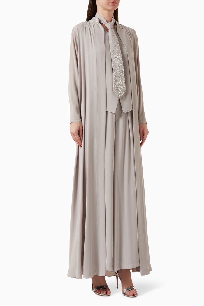

3-piece Jacket-style Abaya Set in Crepe Chiffon, Grey