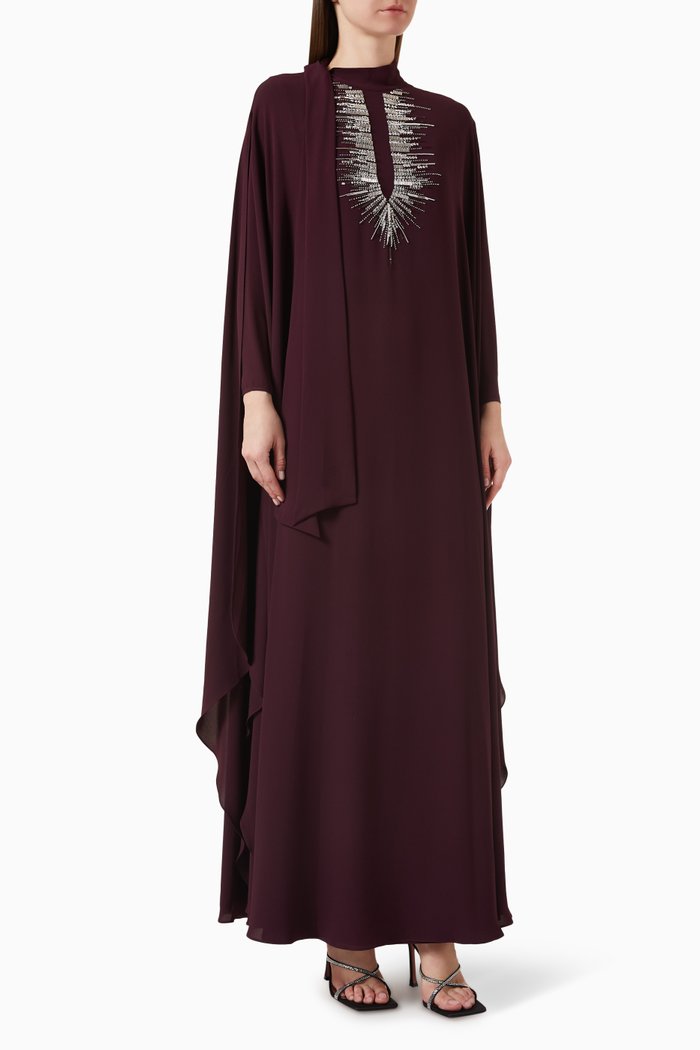 Embroidered Cape Kaftan in Crepe Chiffon, Purple