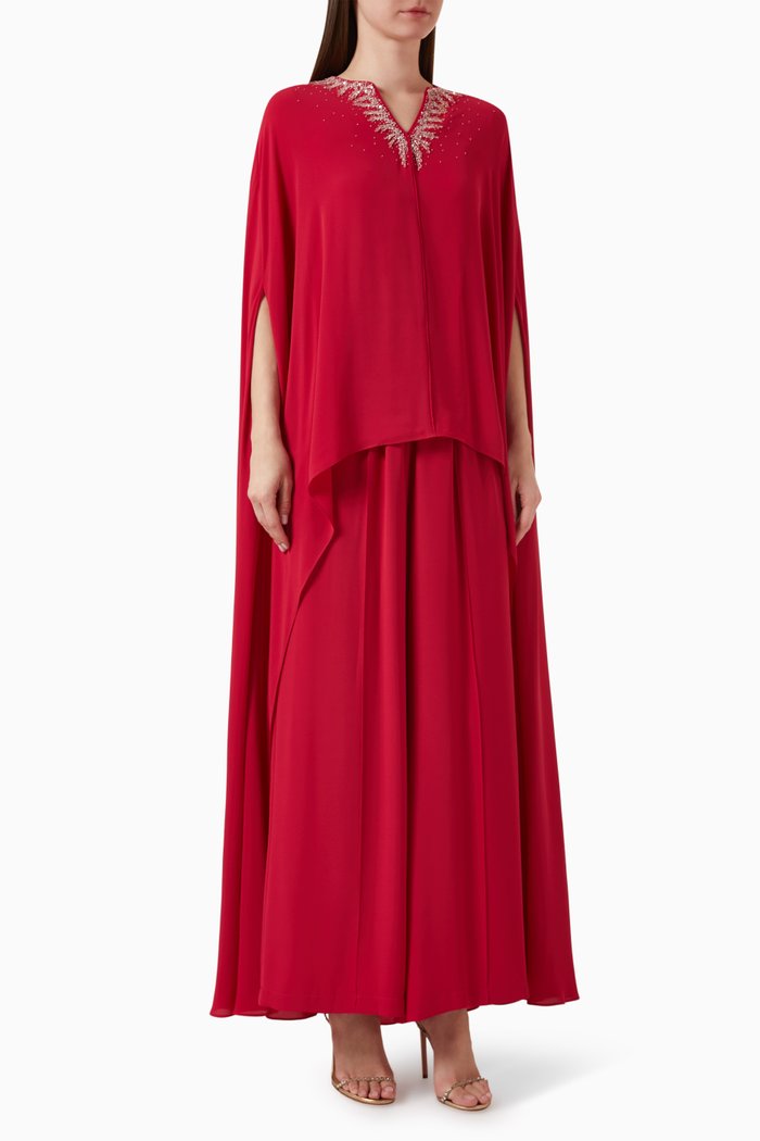 

Embroidered Cape Kaftan & Pants Set in Crepe Chiffon, Pink
