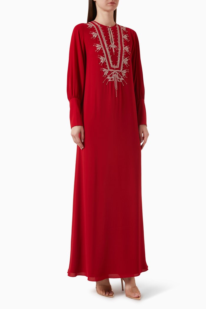 

Embroidered Straight-cut Kaftan in Crepe Chiffon, Red