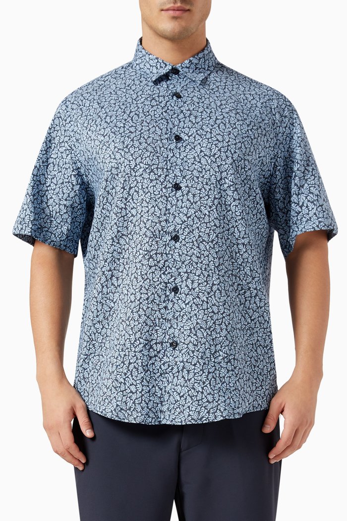 

Liam Printed Shirt in Stretch-chambray, Blue