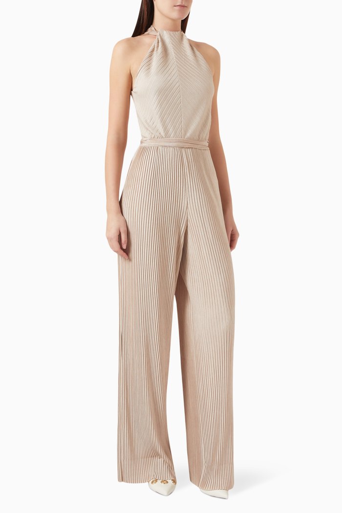 

Sleeveless Tie-belt Plisse Jumpsuit, Neutral