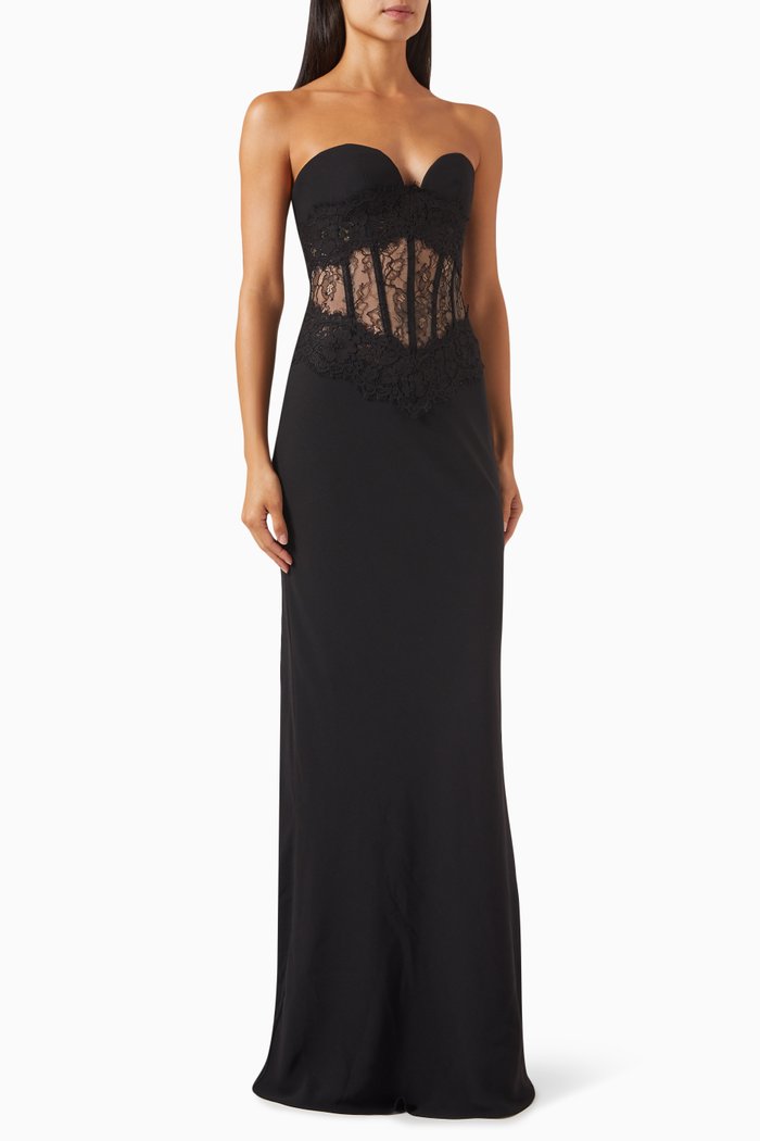 Corset Maxi Dress in Crepe & Lace, Black