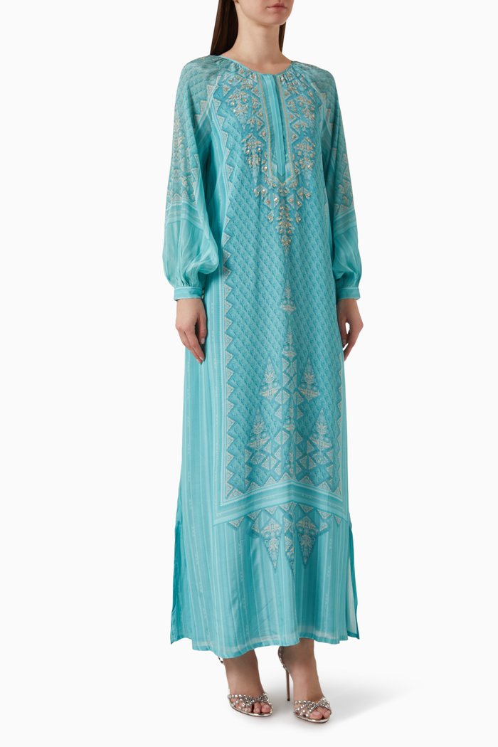 

Bishop-sleeve Embroidered Kaftan in Crepe, Blue