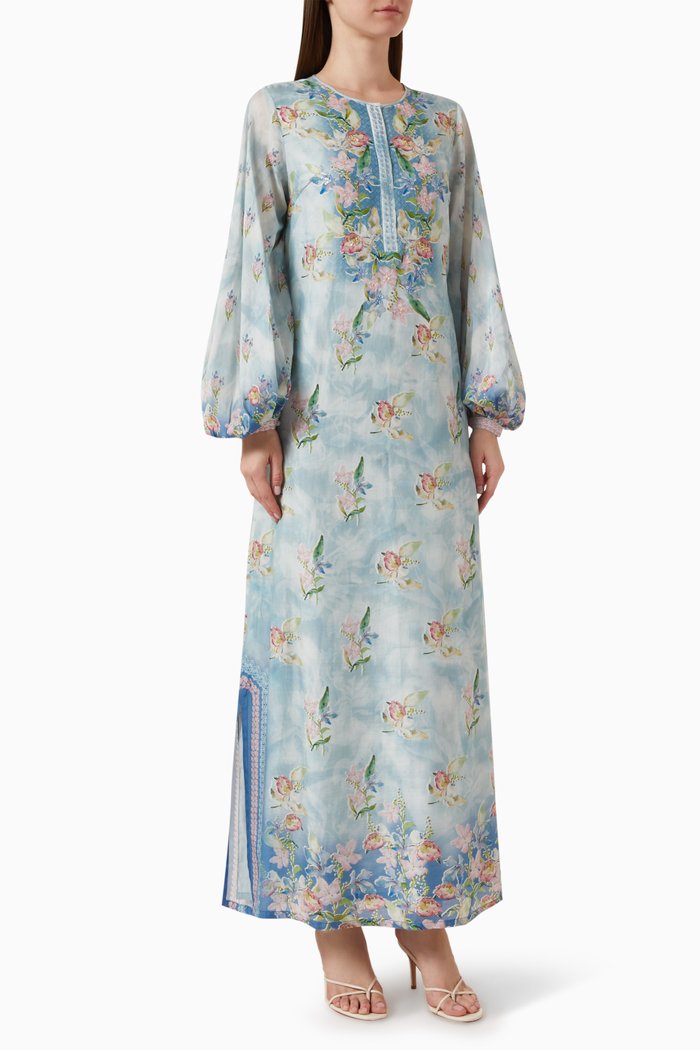 

Floral-print Kaftan in Cotton Voile, Blue