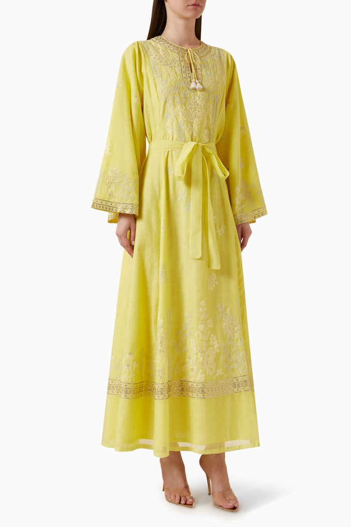 

Embroidered Belted Kaftan in Chanderi Fabric, Yellow