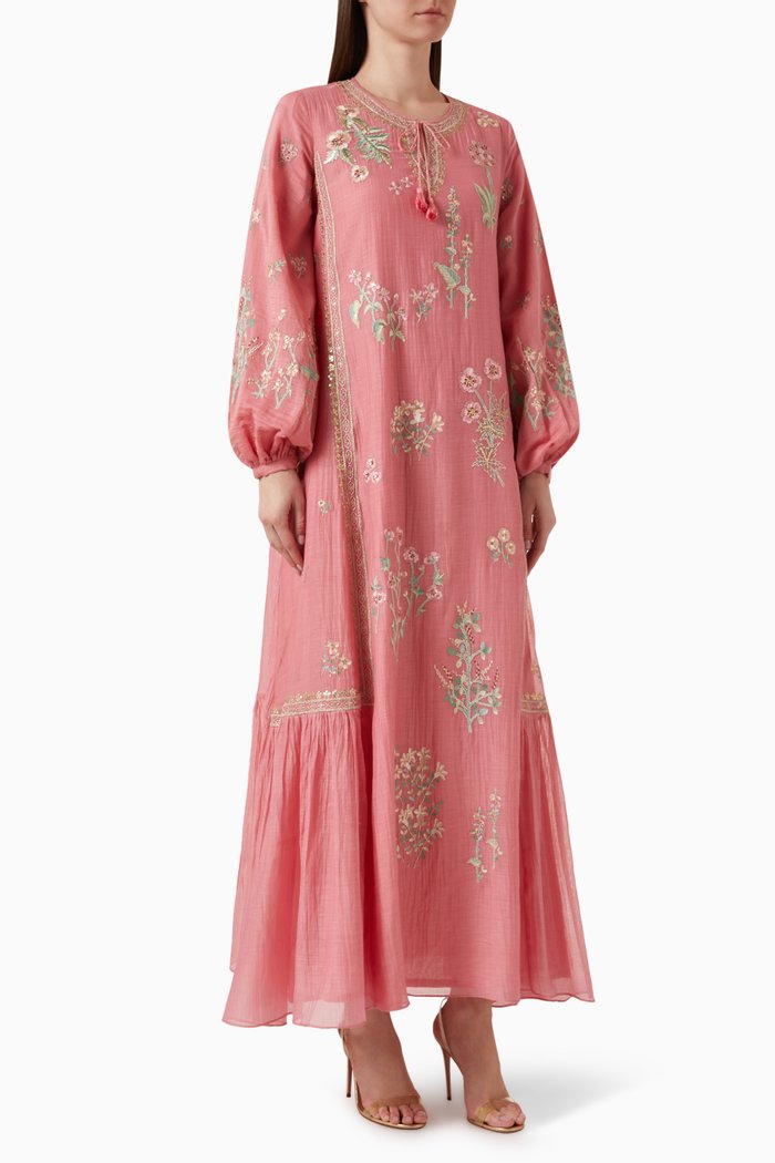 

Bishop-sleeve Embroidered Kaftan in Chanderi Fabric, Pink