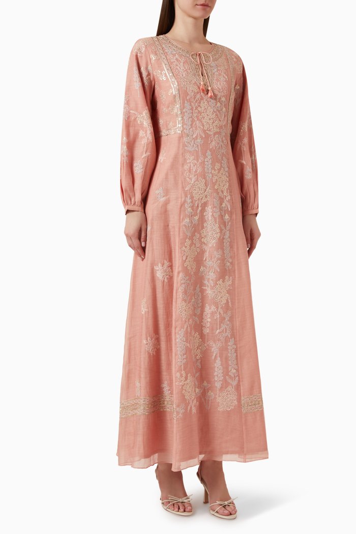 

Floral-embroidered Kaftan in Chanderi Fabric, Orange