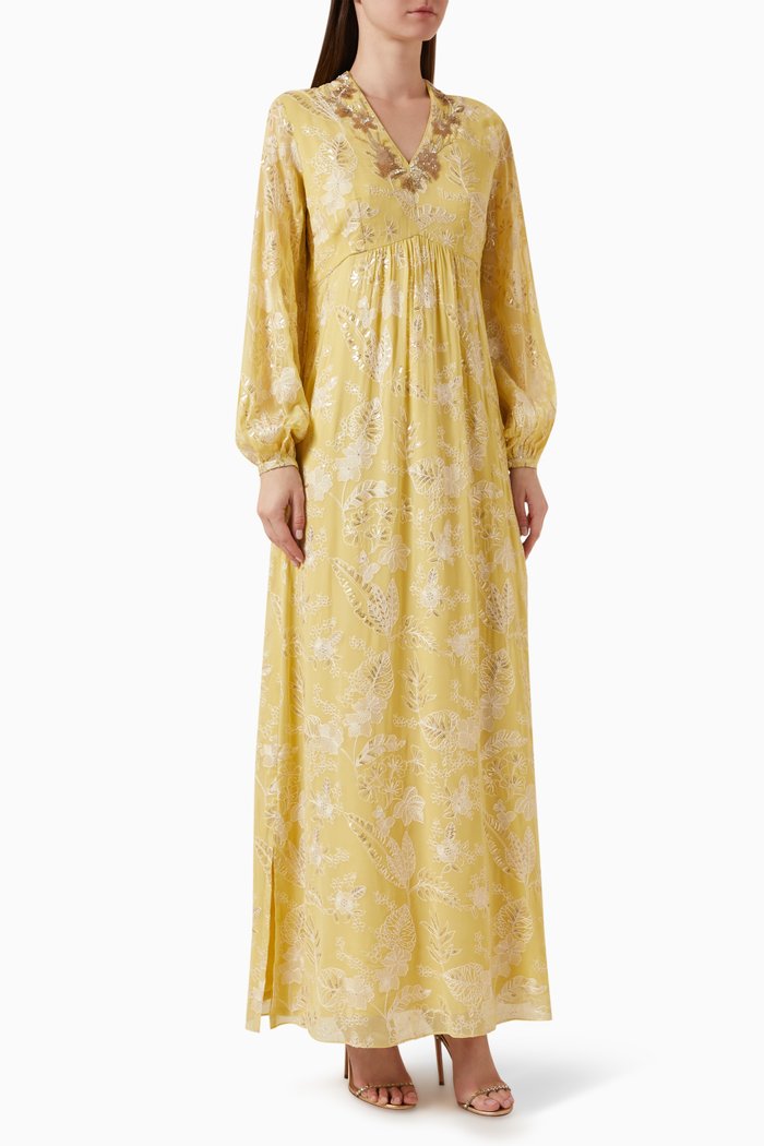

Floral-embroidered Kaftan in Georgette, Yellow