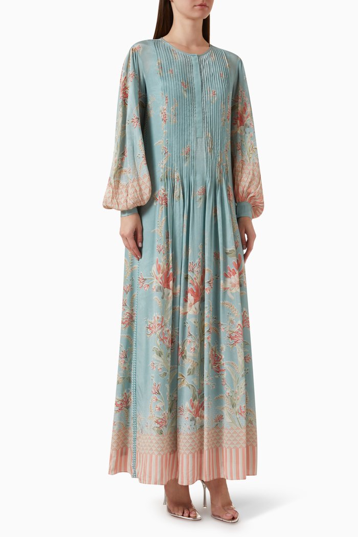 

Bishop-sleeve Pleated Kaftan in Crepe, Blue