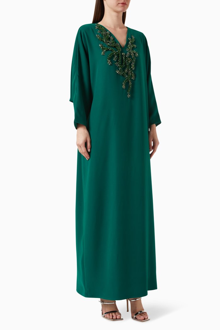 

3D Bead-embellished Kaftan in Crepe, Green