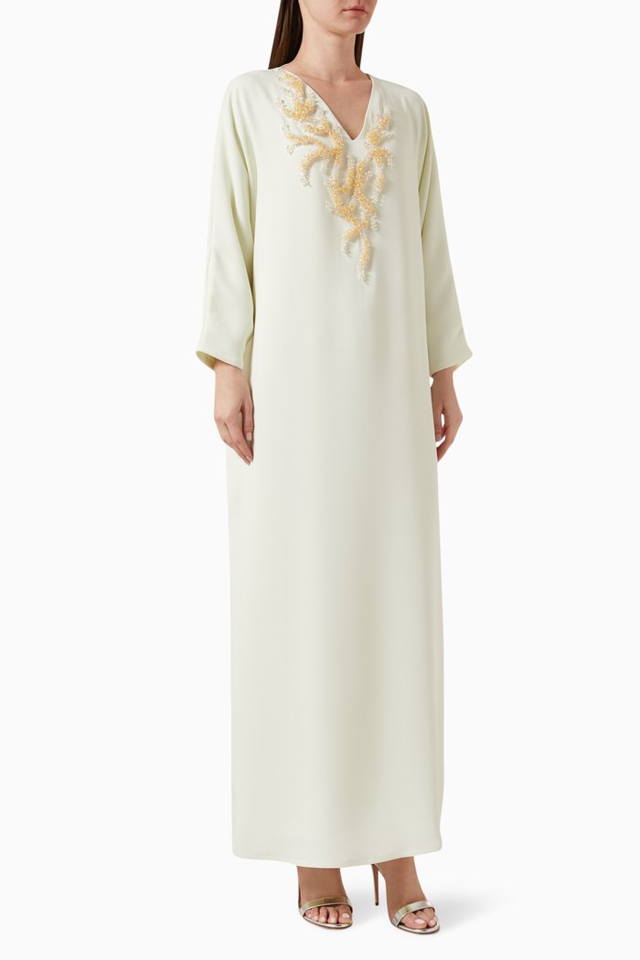 

3D Bead-embellished Kaftan in Crepe, Neutral