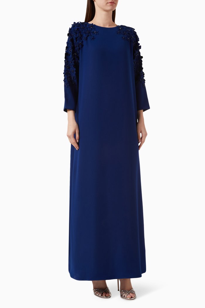 3D Floral-embellished Kaftan in Crepe, Blue