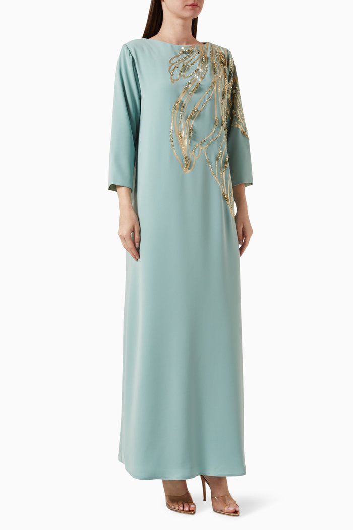 Bead-embellished Kaftan in Crepe, Green