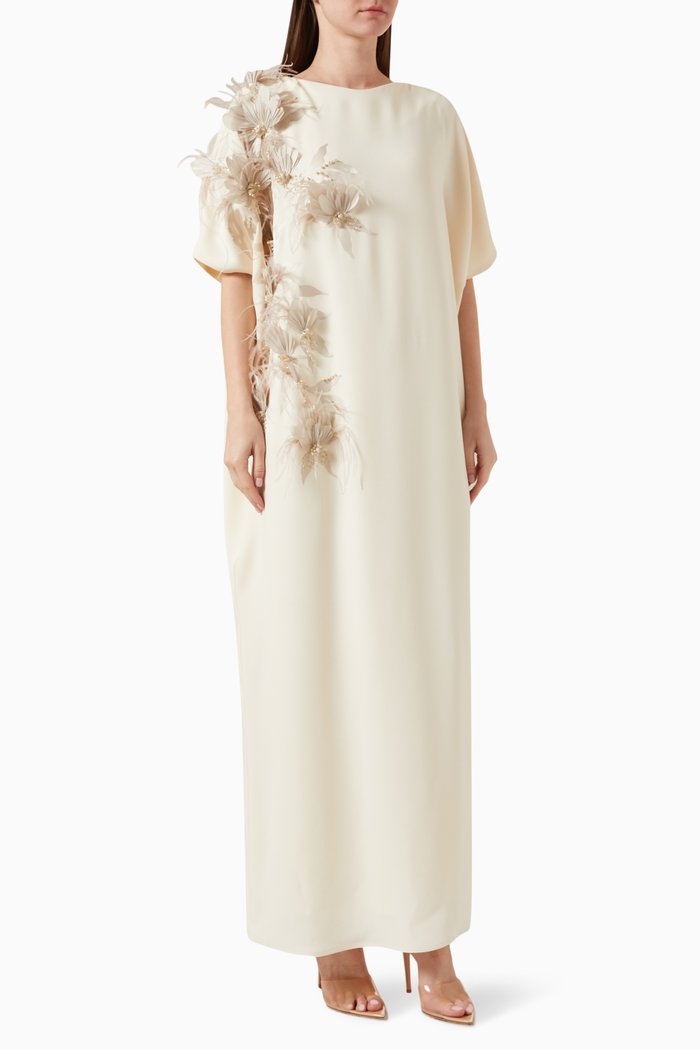 3D Floral-embellished Kaftan in Crepe, Neutral