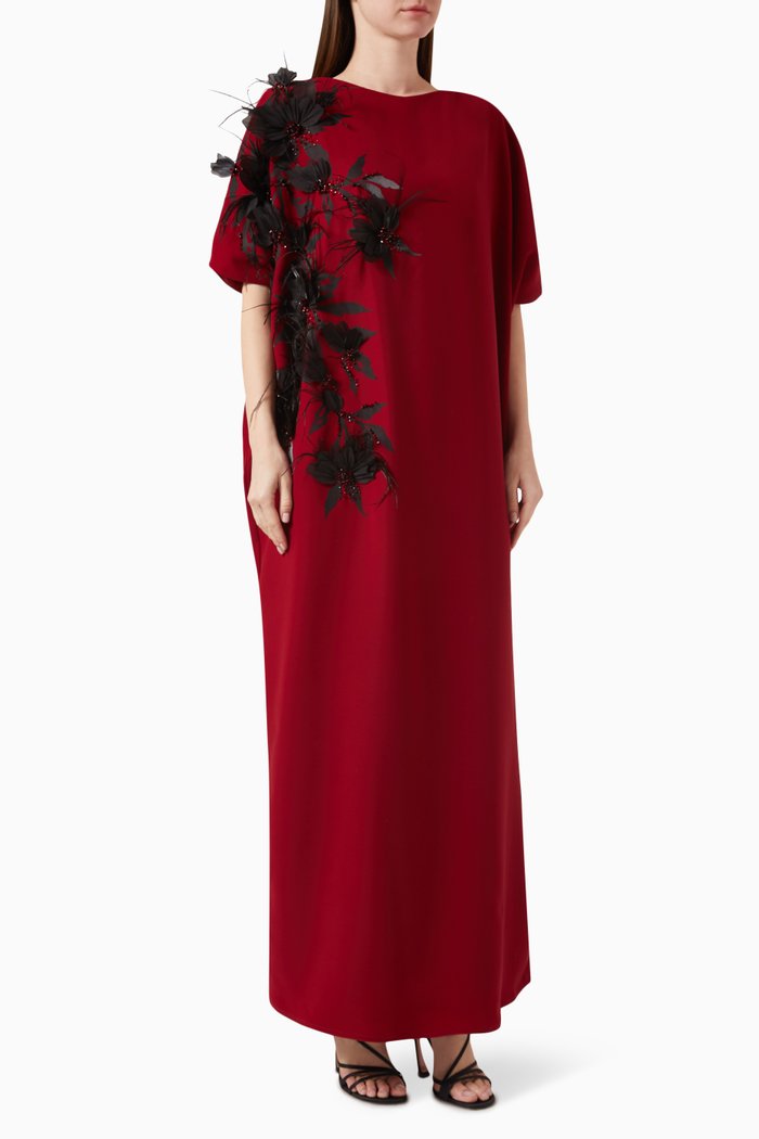 

3D Floral-embellished Kaftan in Crepe, Red