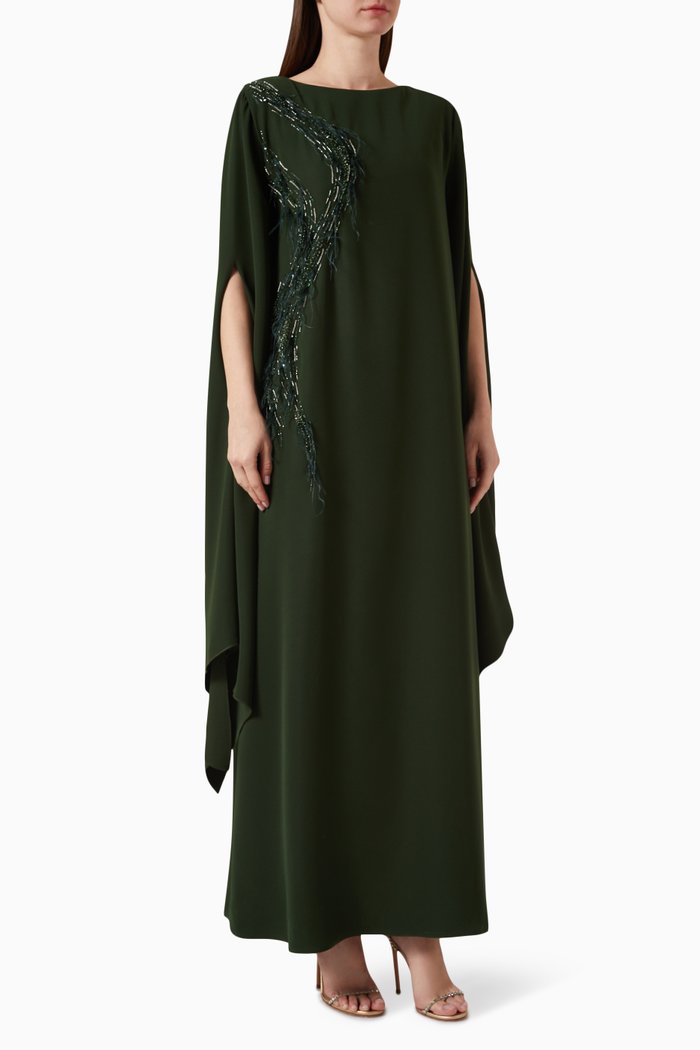 

Embellished Cape-sleeve Kaftan in Crepe, Green