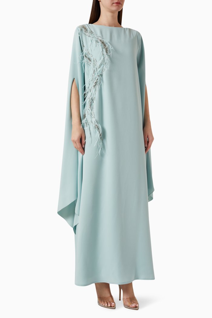 

Embellished Cape-sleeve Kaftan in Crepe, Blue