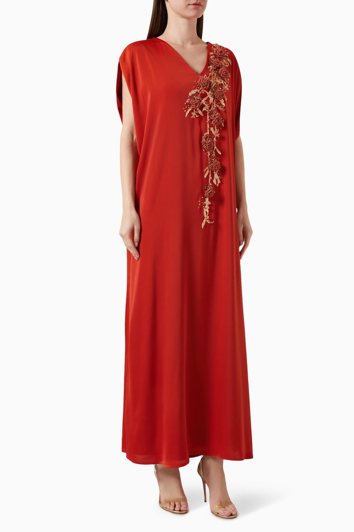 

3D Floral-embellished Kaftan in Crepe, Orange