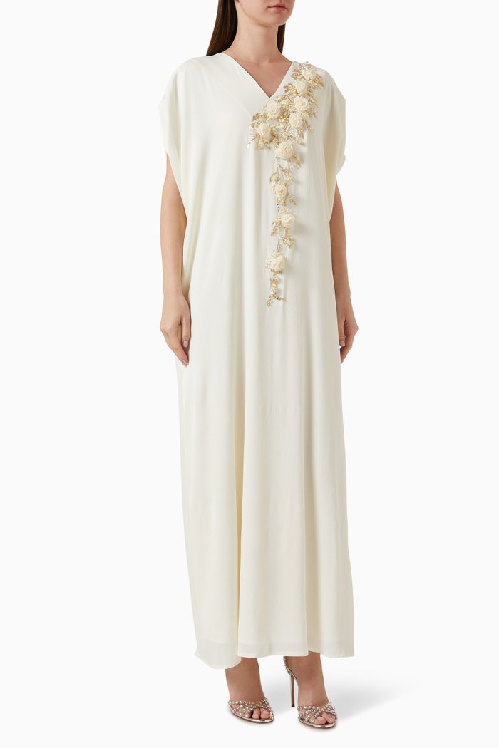 

3D Floral-embellished Kaftan in Crepe, Neutral