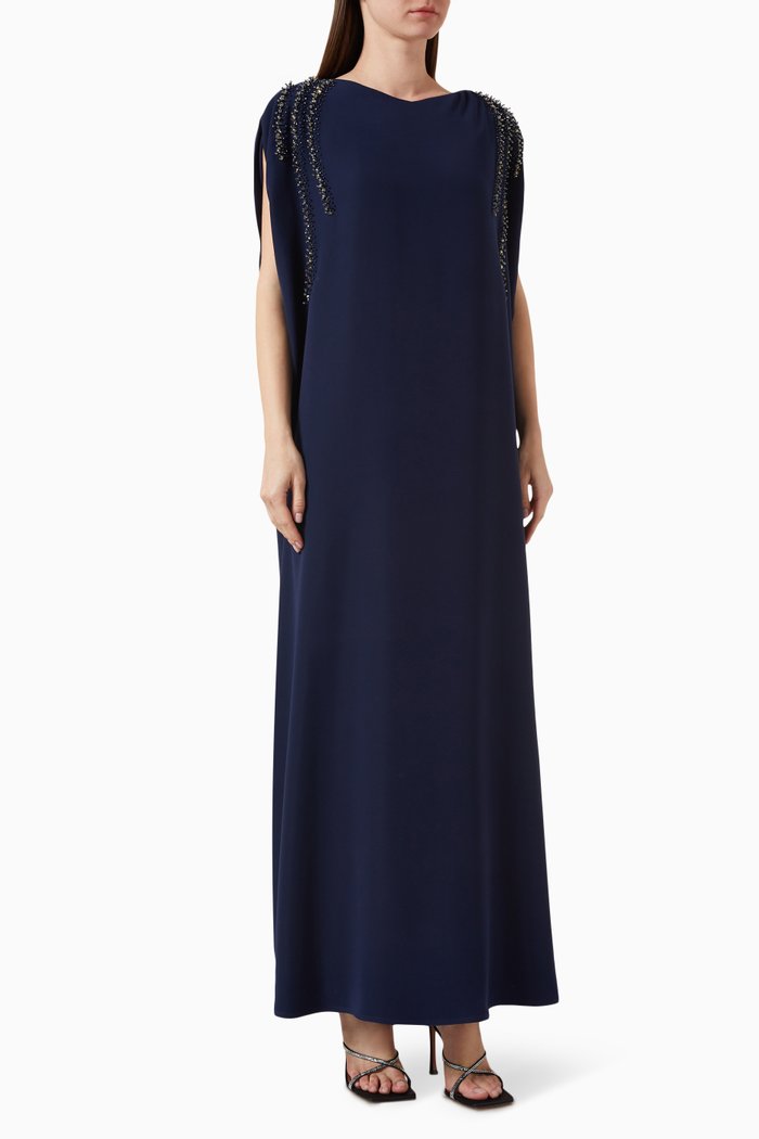 

3D Bead-embellished Kaftan in Crepe, Blue