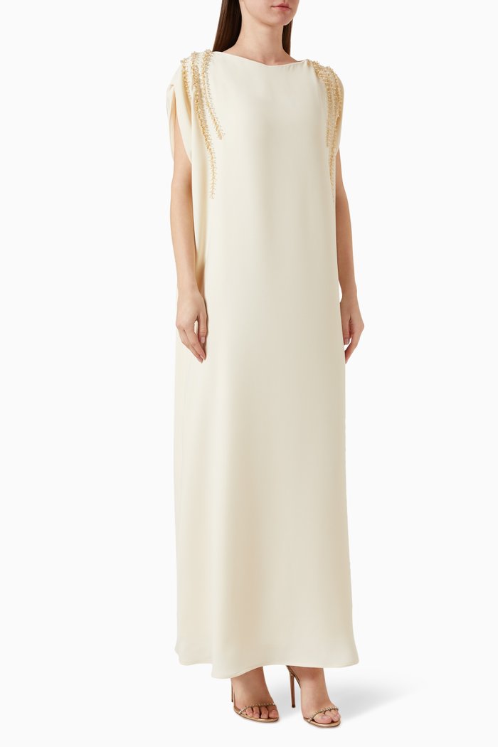 

3D Bead-embellished Kaftan in Crepe, Neutral