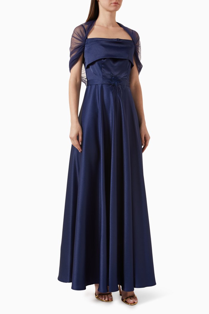 

Draped Tulle Cape Maxi Dress, Blue