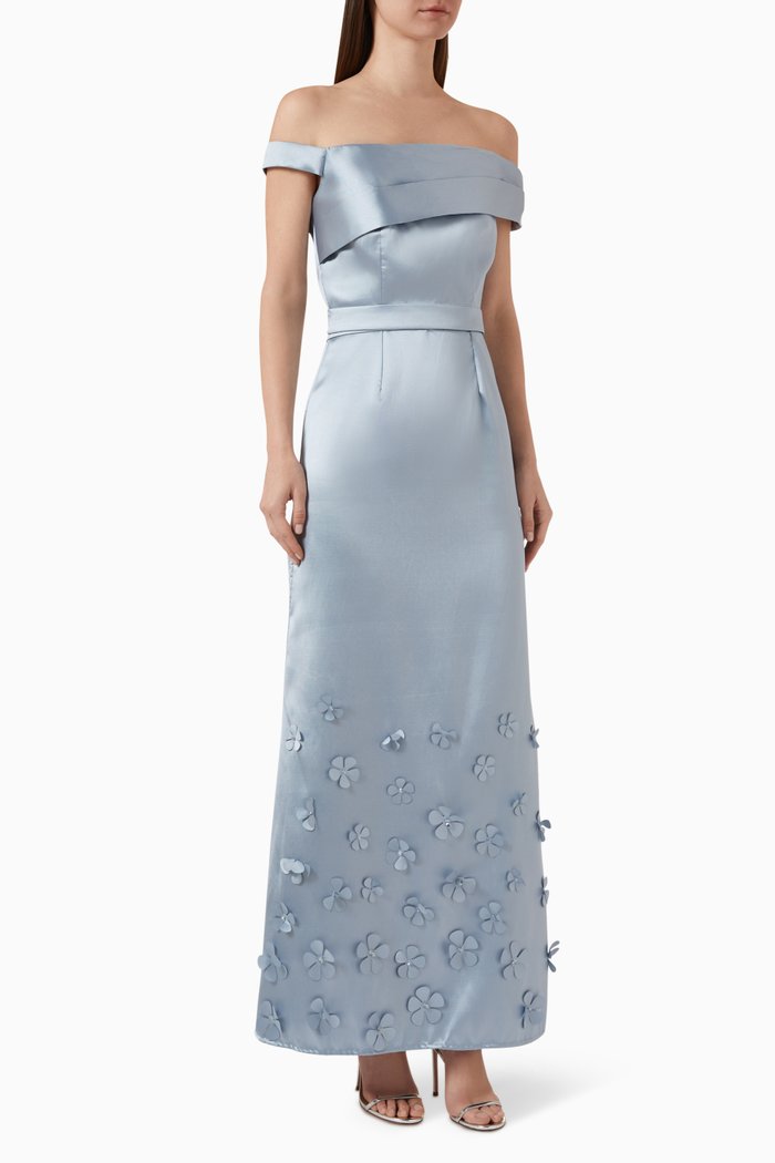 

One-Shoulder Flower Maxi Dress in Mikado, Blue