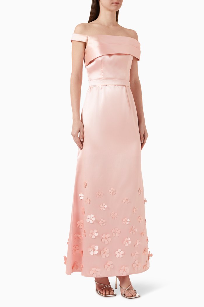 

One-Shoulder Flower Maxi Dress in Mikado, Pink