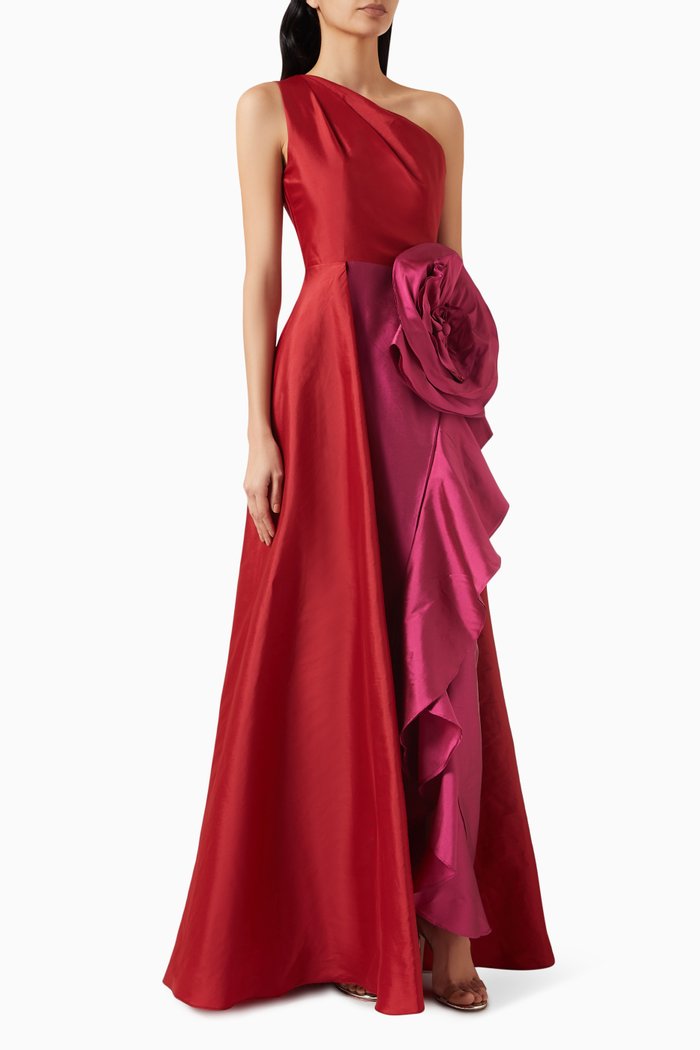 3D Flower One Shoulder Maxi Dress, Red