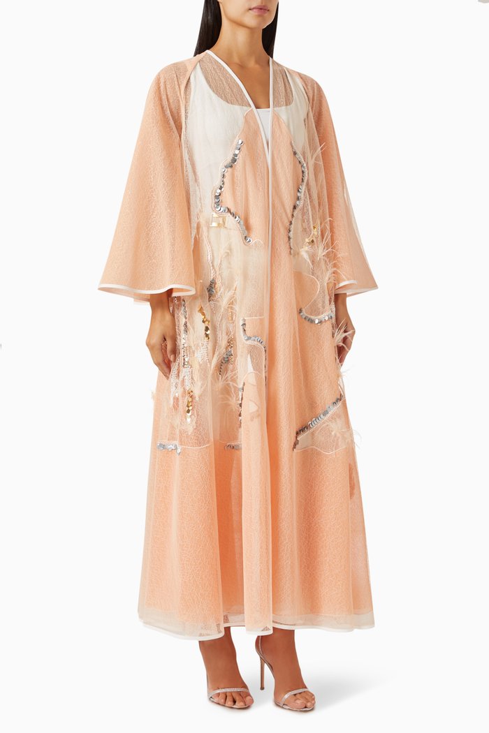 

Sheer Sequin-embellished Abaya, Orange