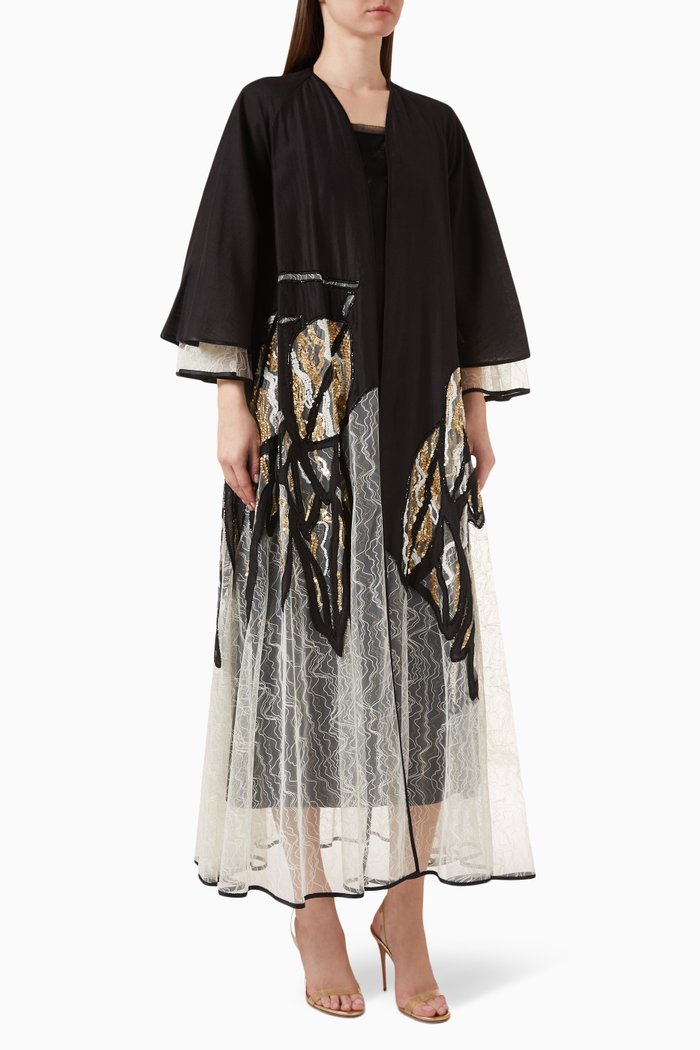 

Sequin-embellished Lace Abaya, Black