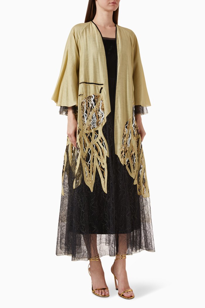 

Sequin-embellished Lace Abaya, Gold