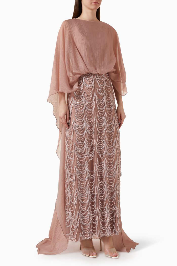 

Cape-sleeve Tasselled Gown in Crêpe, Pink