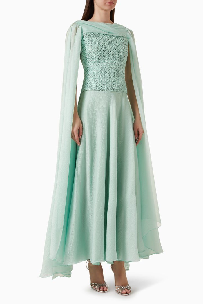 

Yeva Crystal-embellished Shawl Gown in Crêpe, Green