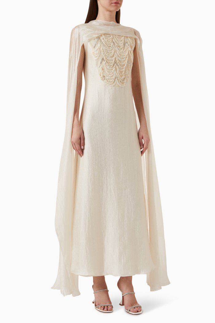 

Ziona Embellished Cape Gown in Crêpe, Neutral