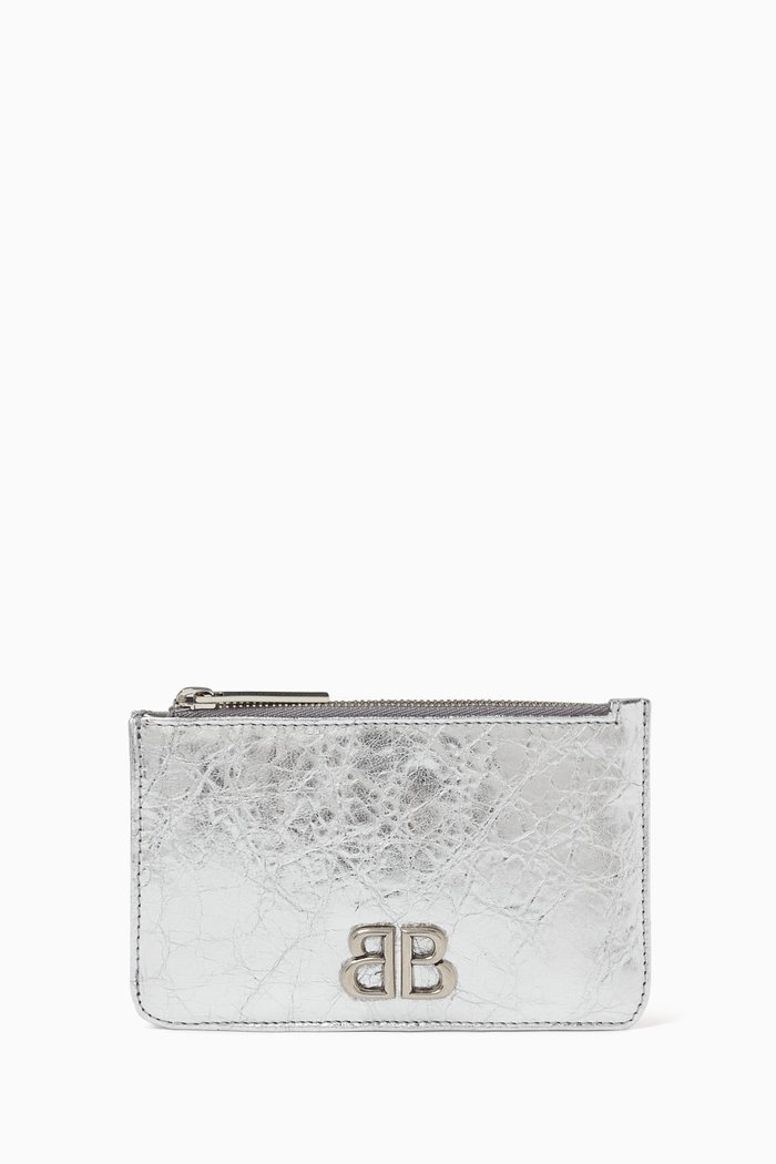 Monaco Coin & Card Holder in Metallic Arena Lambskin, Silver