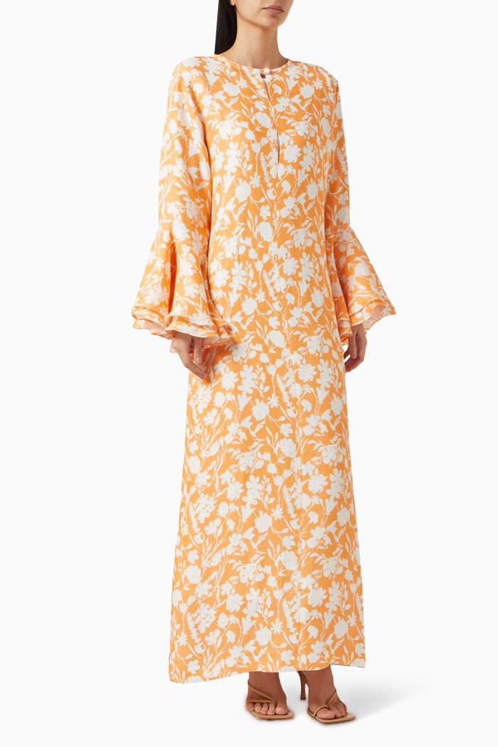Daisy Ruffle Kaftan in Linen, Orange